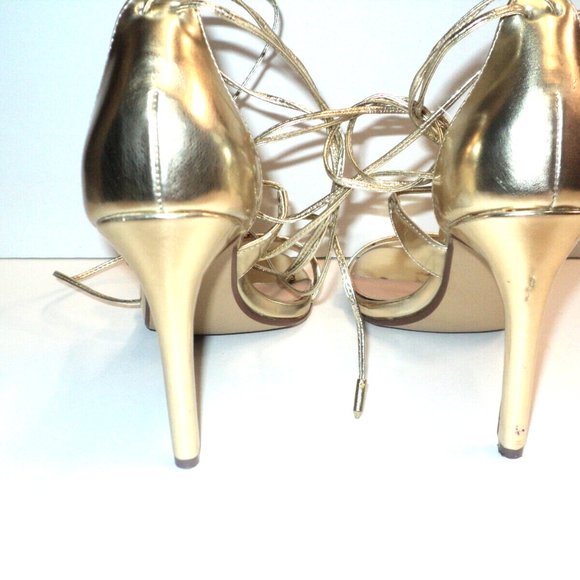 Steve Madden Size 7.5 Gold Sandals Stiletto 4" Heels Presidnt Calf Ties - Picture 4 of 9